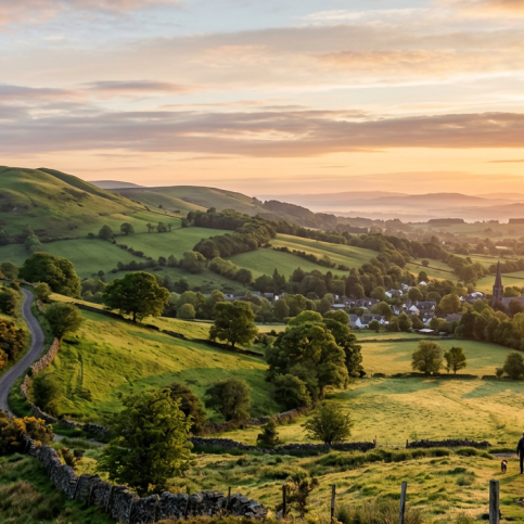 Countryside valley with green hills, winding road, village, and setting sun