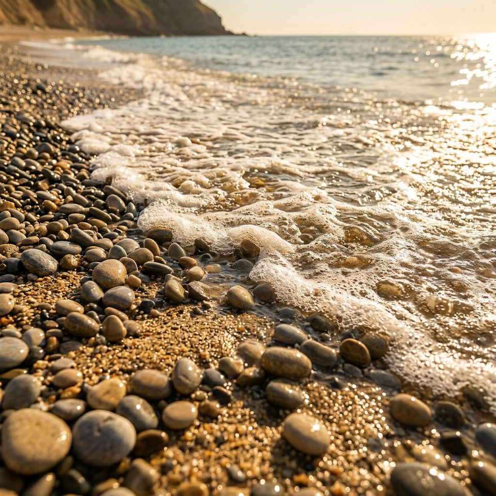 A woman sitting on a sandy beach looking out at the waves with a contemplative expression