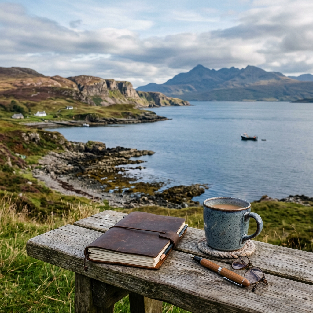 Journal, pen, glasses, and coffee cup on wooden bench overlooking rocky coastline and mountains